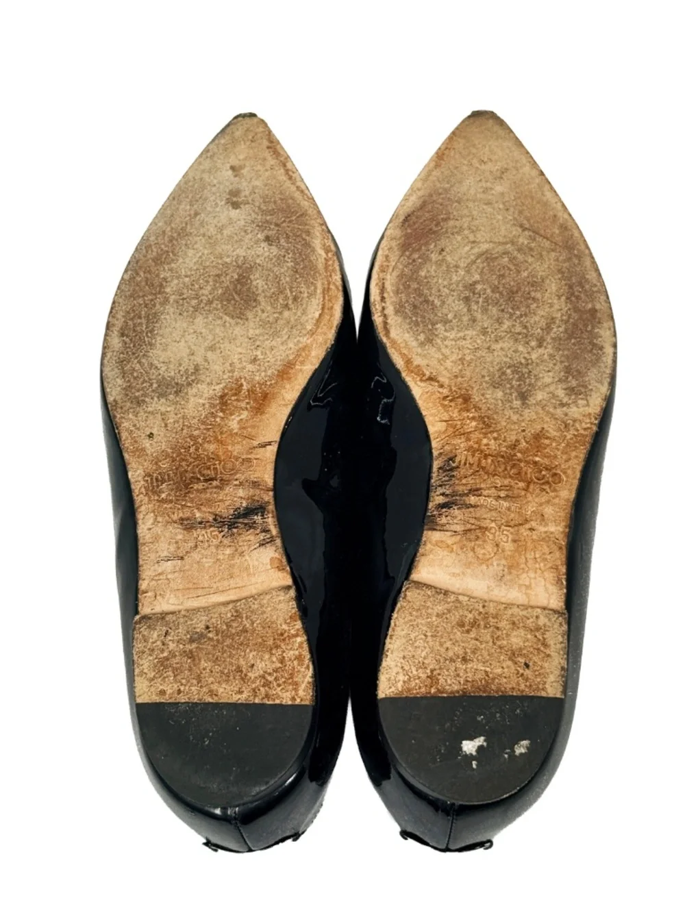 Jimmy Choo Black Patent Leather Snakeskin Pointed Toe Flat Size 35 Silver Logo